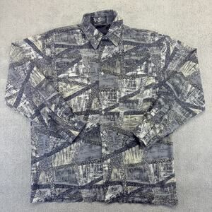 Vintage Alan Stuart Button Up Shirt Mens Medium Black Abstract Long Sleeve Rayon